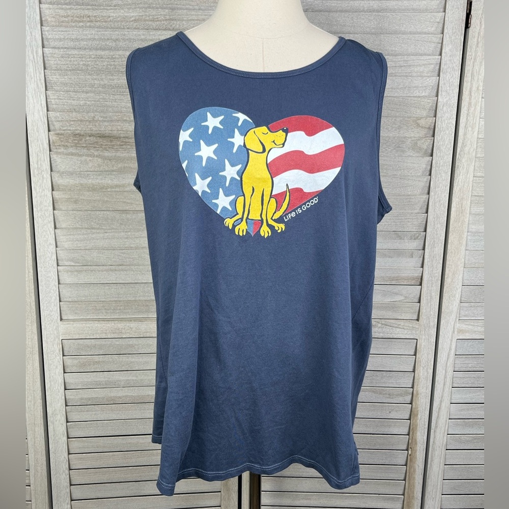 LIFE IS GOOD Crusher Tank Top Yellow Lab Patriotic Heart Navy Blue-XL